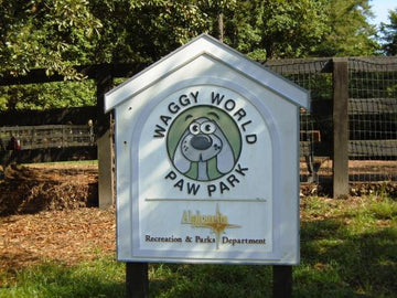Waggy World Paw Park sign at Wills Park, Alpharetta, Georgia