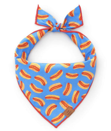 Hot Dogs dog bandana in blue with red bow