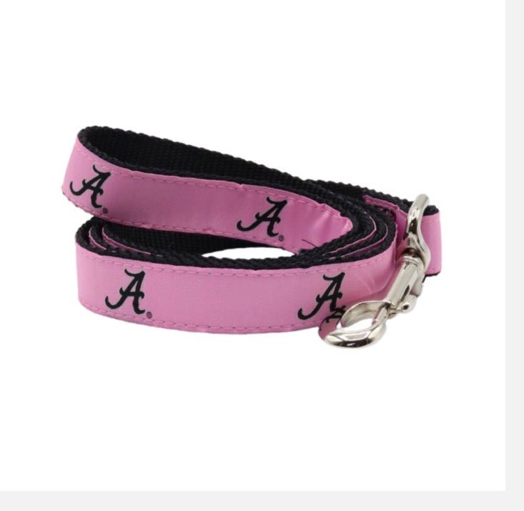 Alabama Crimson Tide dog leash in pink with black script A logos