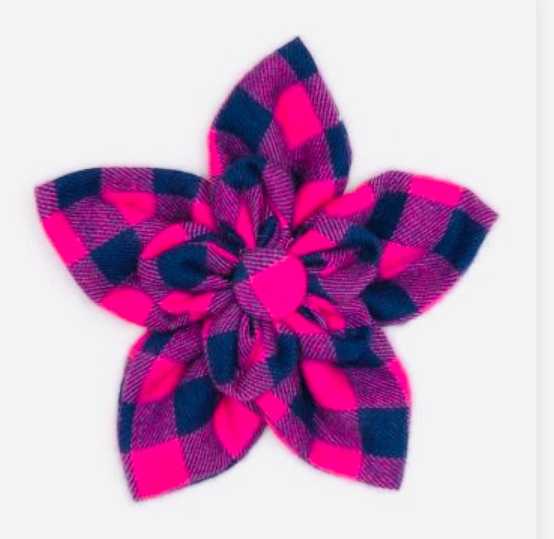 Flower - Pink & Navy Buffalo Check - Gussied Up Pet Boutique