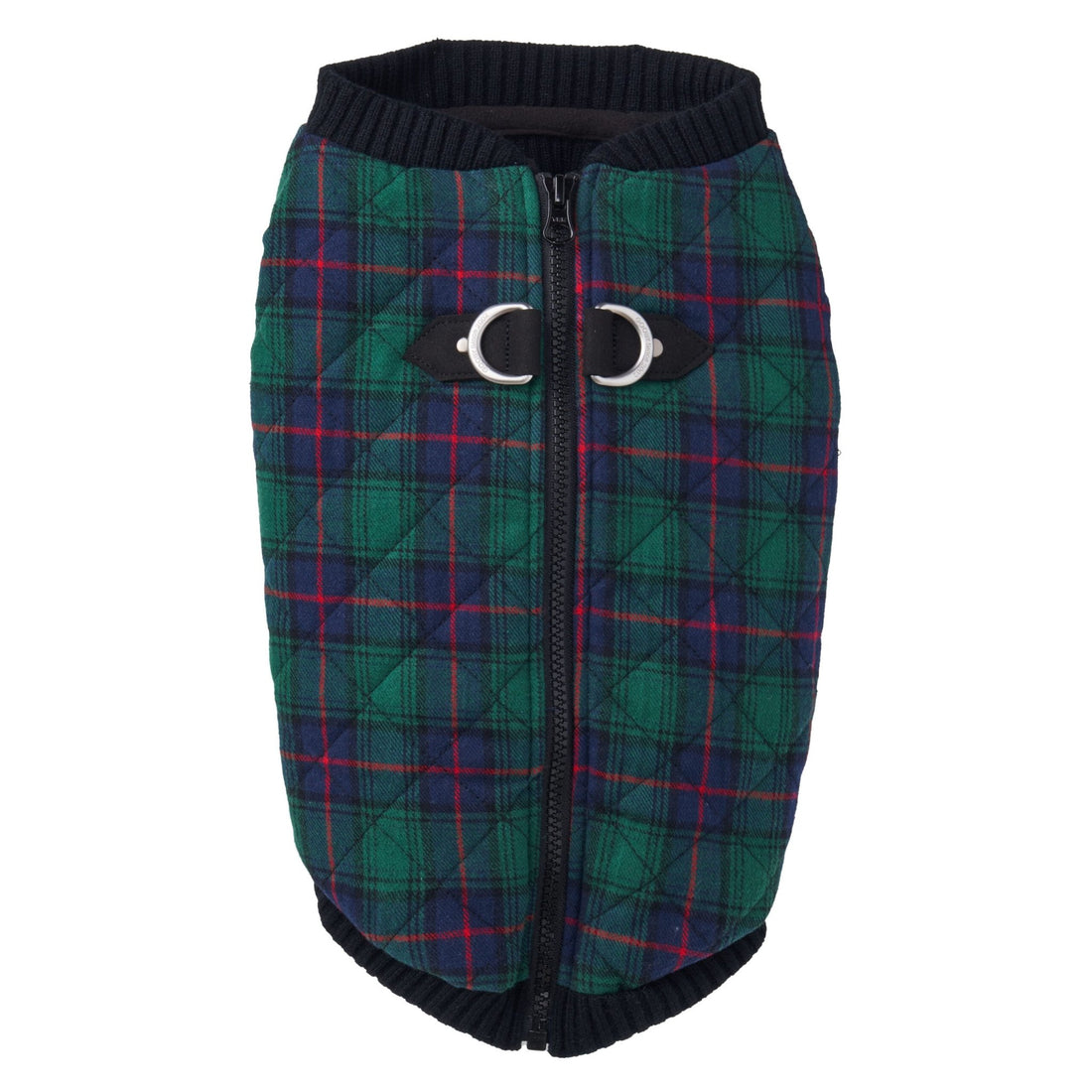 Green plaid vest with zipper and metal buckles for pets, front view.