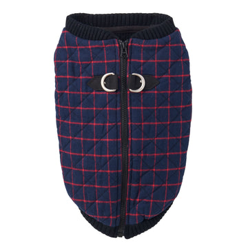 Navy plaid quilted vest for pets with black zipper and buckles