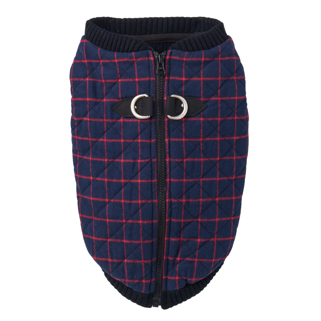 Navy plaid quilted vest for pets with black zipper and buckles