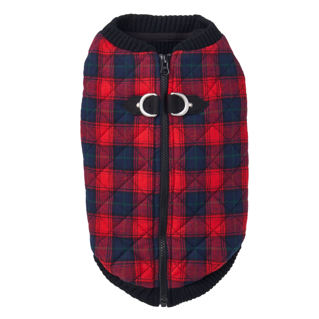 Red plaid vest with zipper and buckles, perfect for fashion and warmth