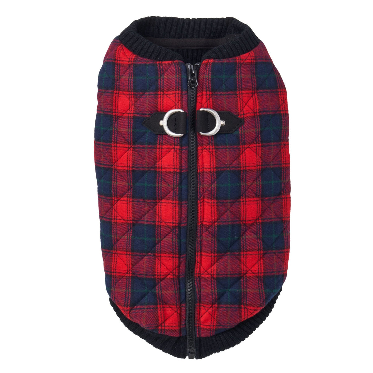 Red and blue plaid dog vest with zipper and buckles, white background