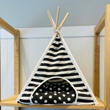 Teepee Dog Bed - Black Stripe Polka Dot - Gussied Up Pet Boutique