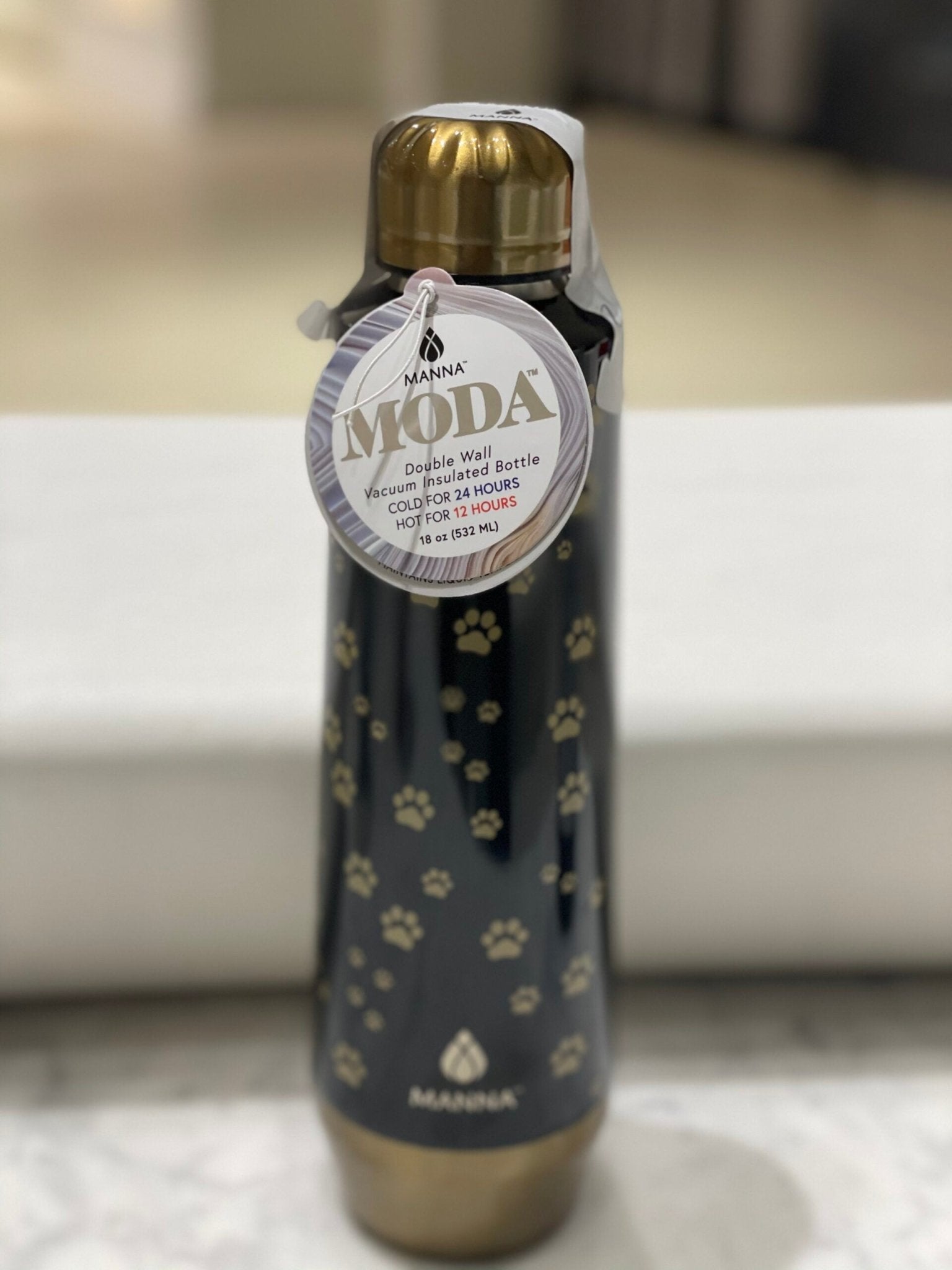 Water Bottle Manna 18oz - Black/Gold Paw - Gussied Up Pet Boutique