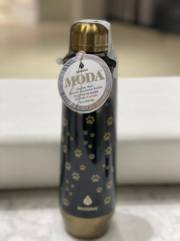 Water Bottle Manna 18oz - Black/Gold Paw - Gussied Up Pet Boutique