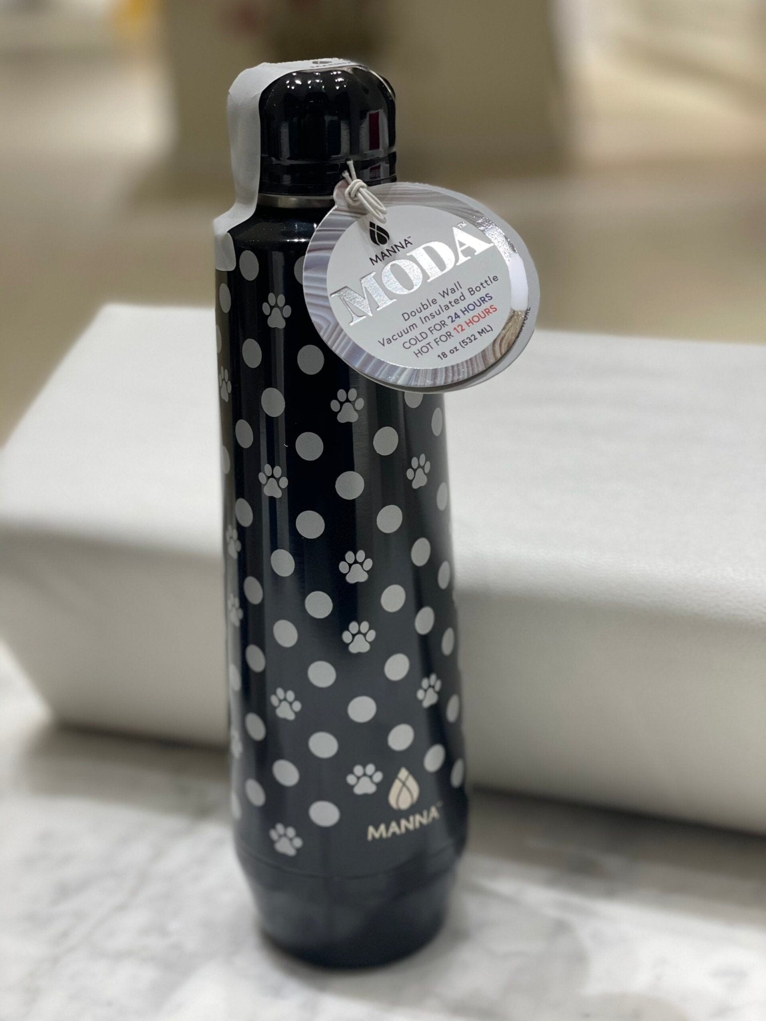 Water Bottle Manna 18oz - Black/Silver Paw - Gussied Up Pet Boutique